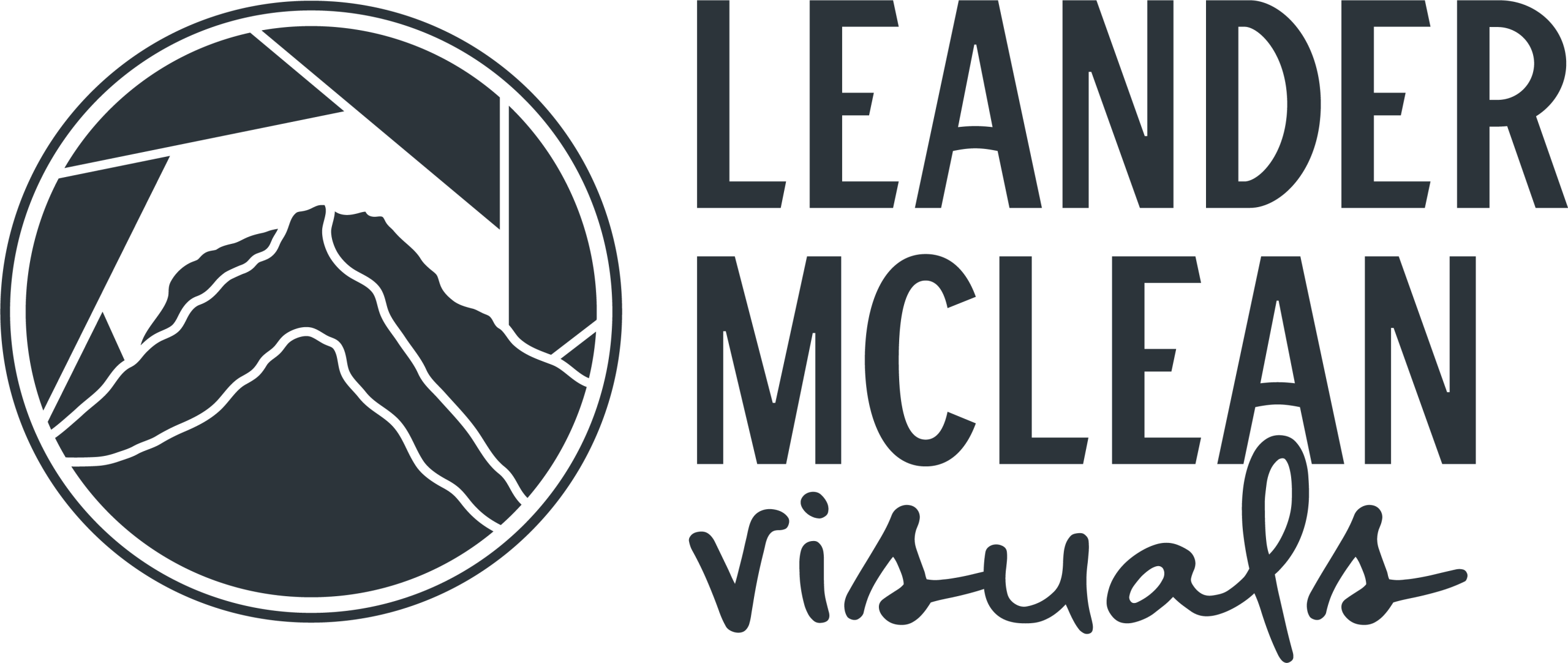 Leander McLean Visuals Logo. An apature with a mountain inside, with Leander McLean Visuals Next to it